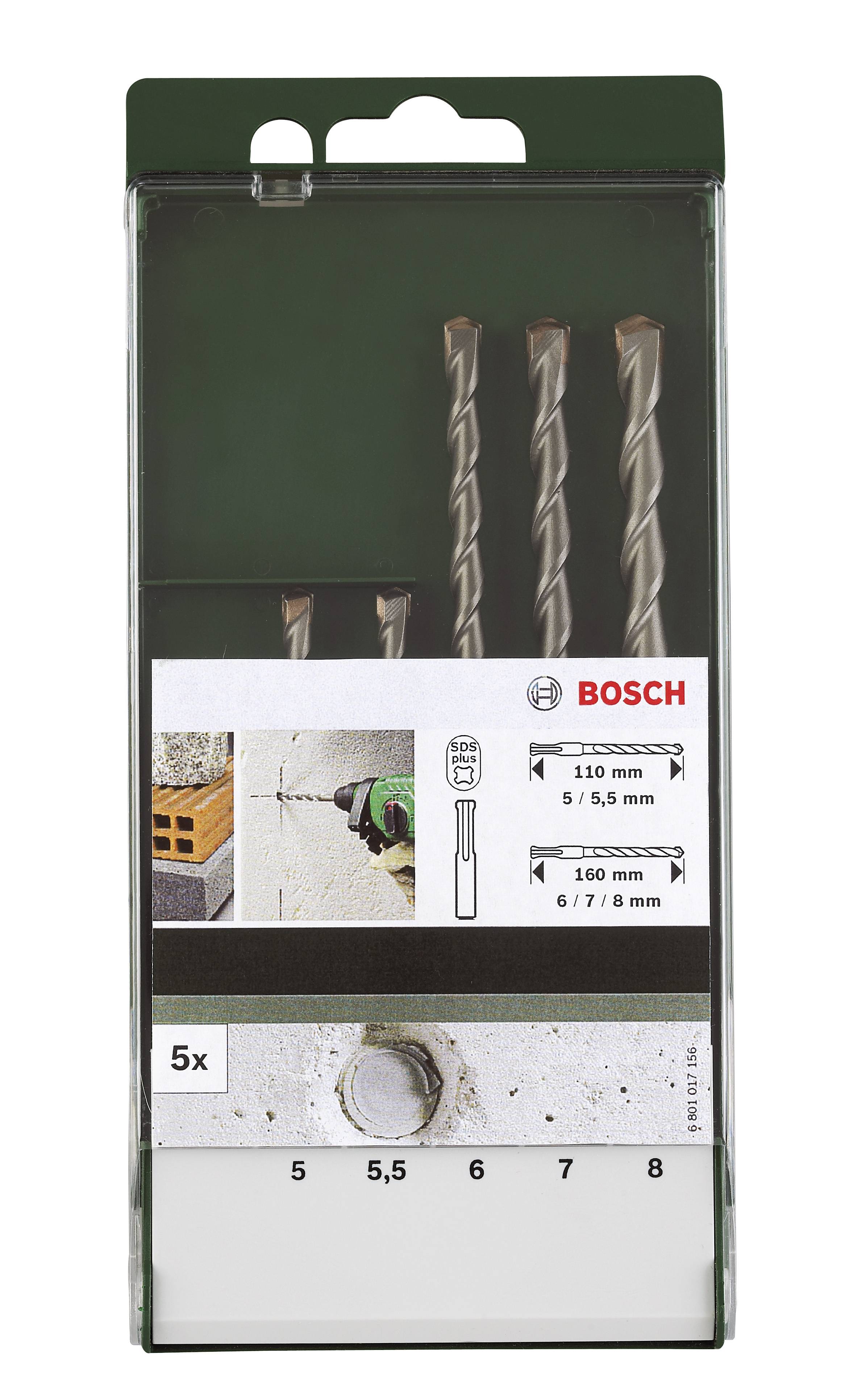 Balenie obsahuje päť vrtákov Bosch, veľkosti 5, 5,5, 6, 7 a 8 mm. Vhodné na vŕtanie do muriva, zobrazuje obrázok použitia.