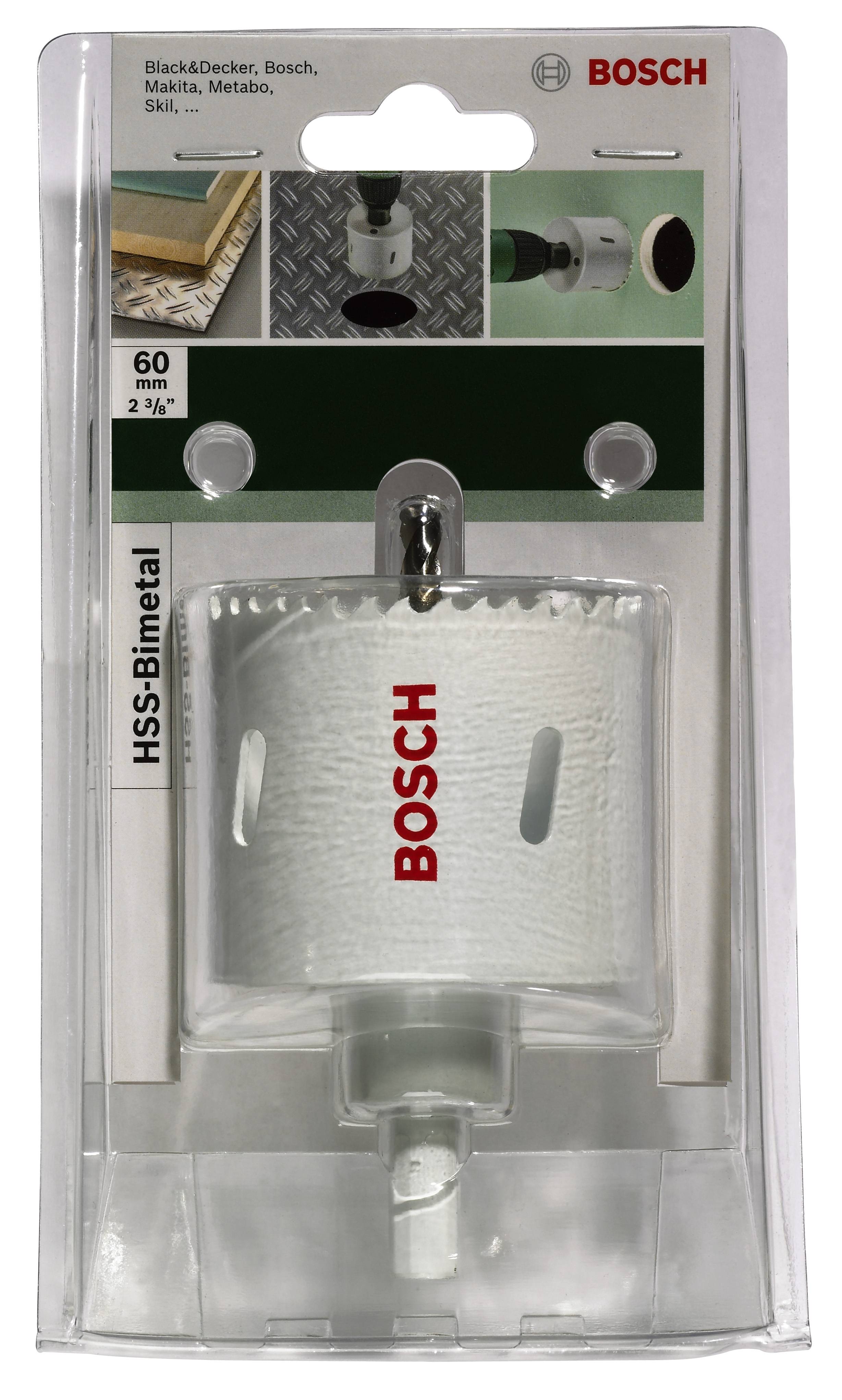 Balená dierová píla od Boscha s nápisom 'Bosch', vhodná pre rôzne materiály, priemer 60 mm. Ideálna pre vŕtacie práce.