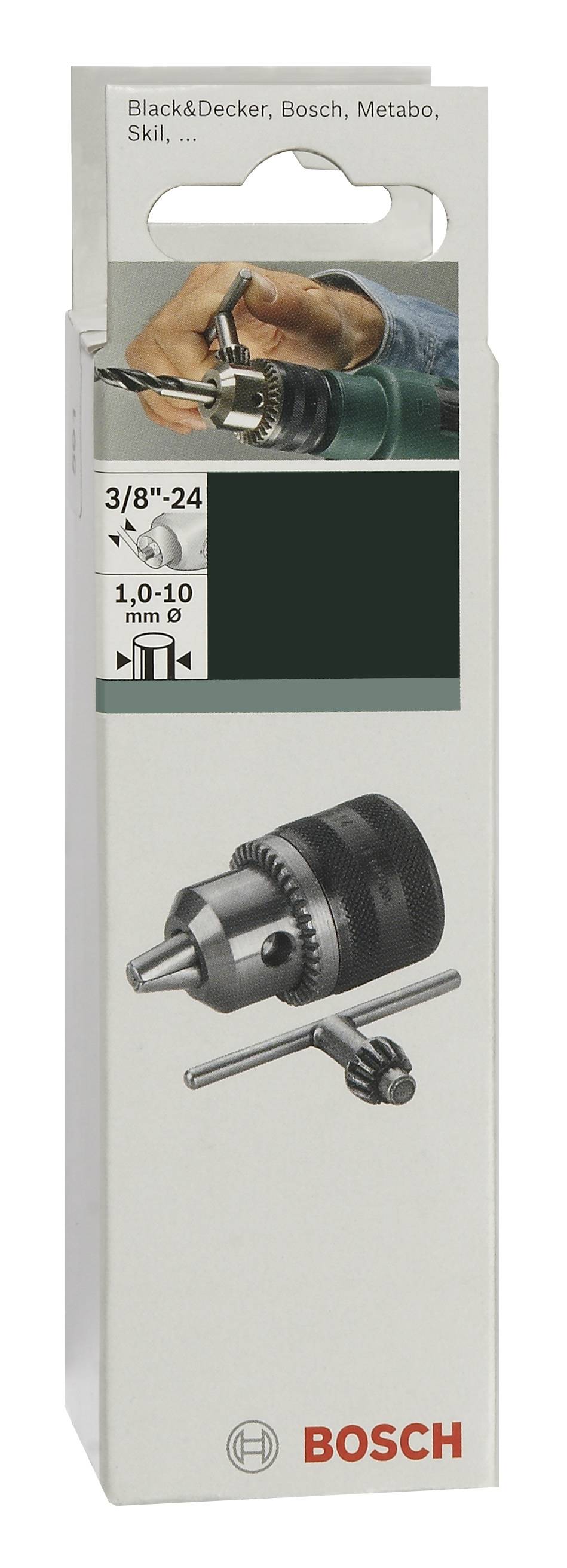 Balenie adaptéra skľučovadla s krížovým kľúčom od Bosch, vhodné pre vrtáky s priemerom 1,0-10 mm a závitom 3/8"-24. Obsahuje kompatibilitu značky.