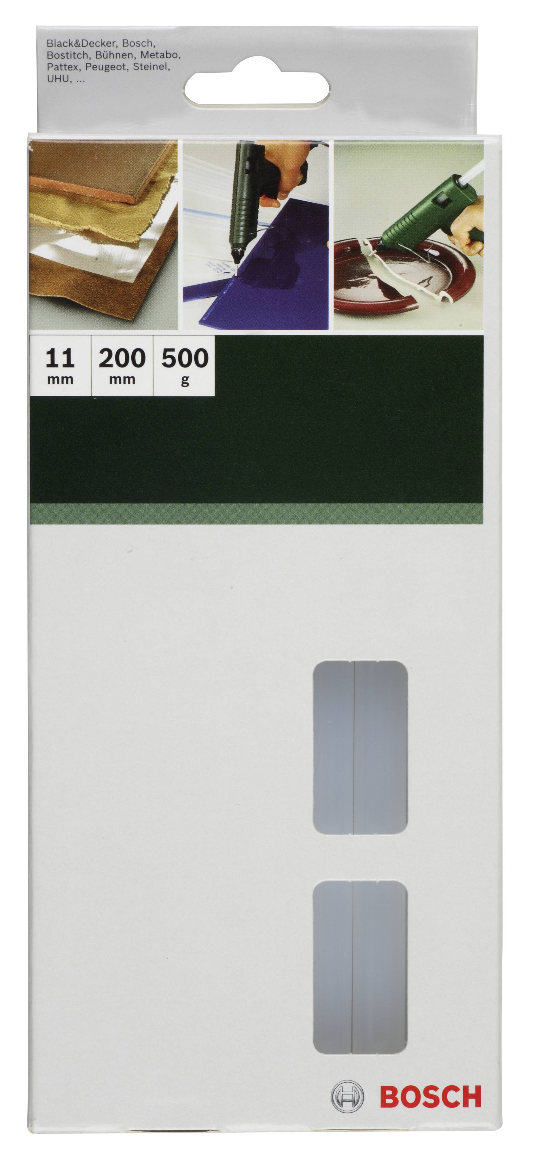 Balenie s tavnými lepiacimi tyčinkami, priemer 11 mm, dĺžka 200 mm, 500 g. Značka 'BOSCH' v pravom dolnom rohu obalu.