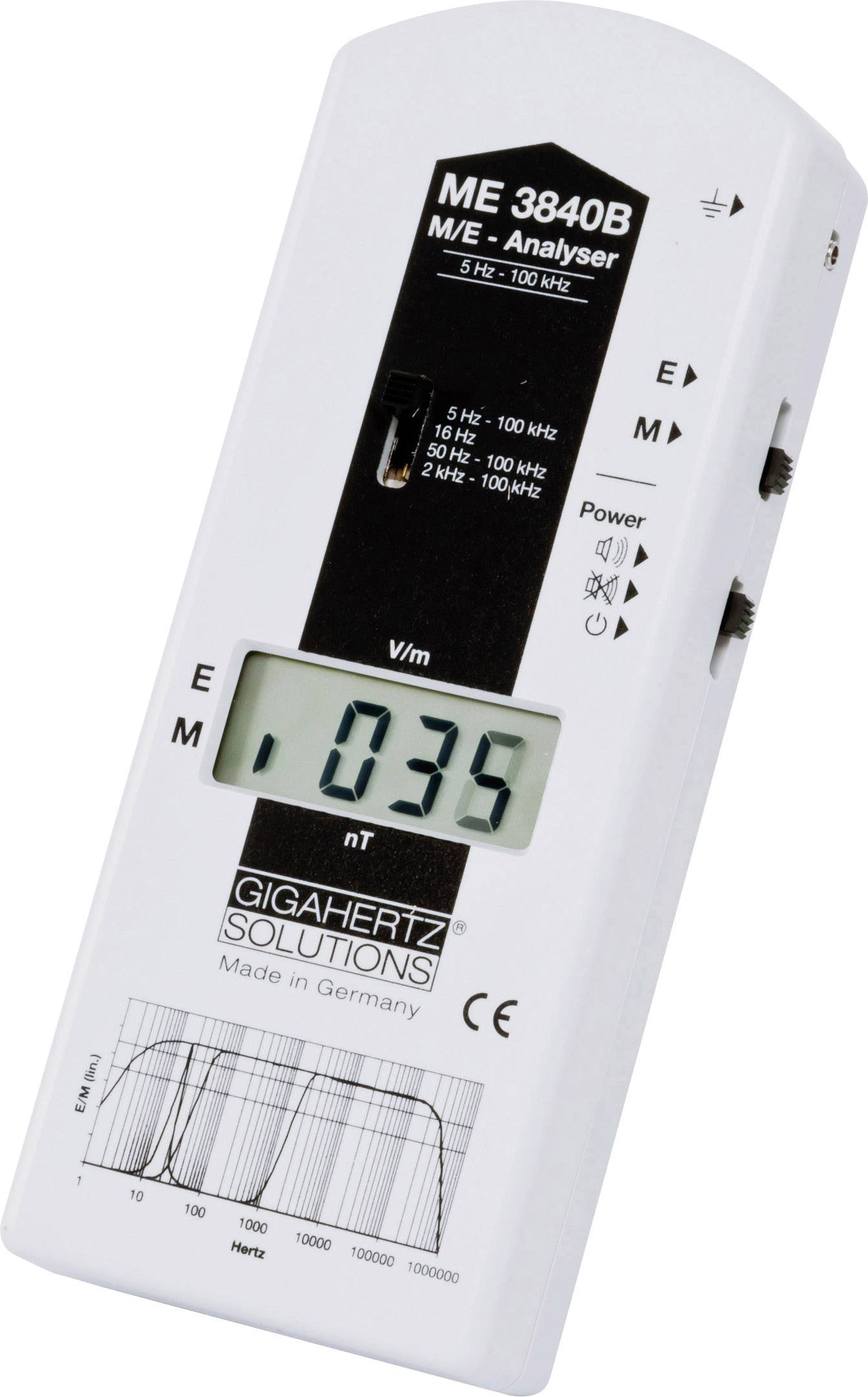 Biele meracie zariadenie s displejom zobrazuje '0,35 nT'. Meria elektromagnetické polia vo frekvenčnom rozsahu od 5 Hz do 100 kHz.