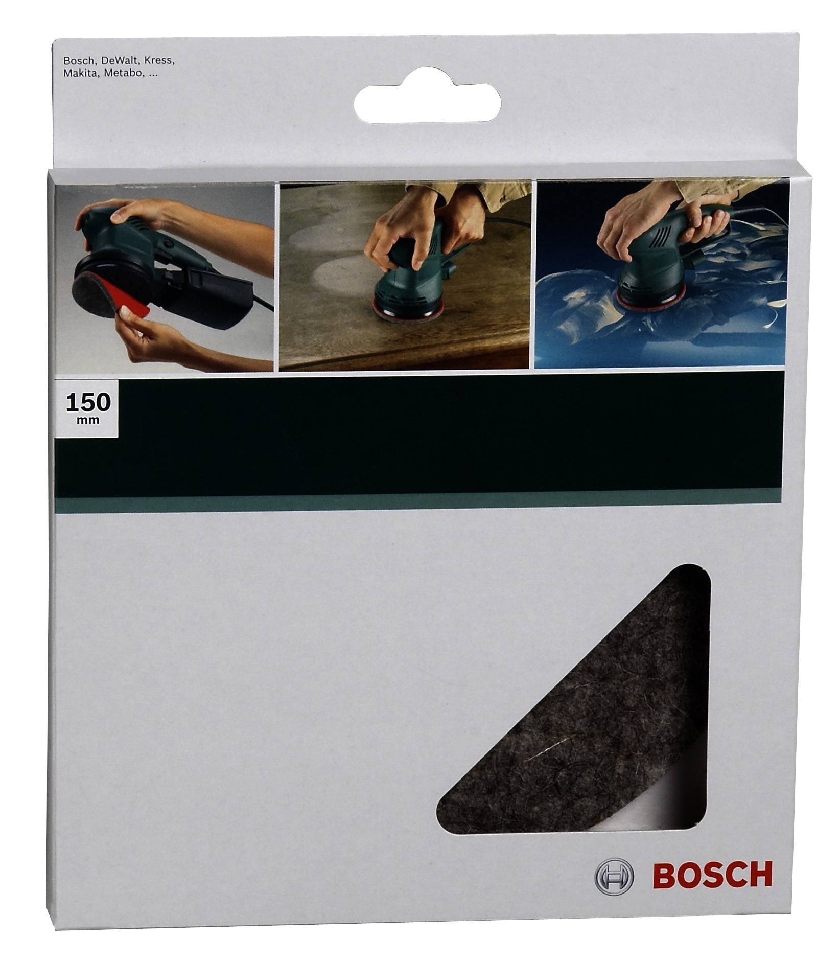 Balenie okrúhleho brúsneho vankúšika. Hore obrázky použitia na drevených a kovových povrchoch. Značka 'BOSCH', veľkosť: 150 mm.