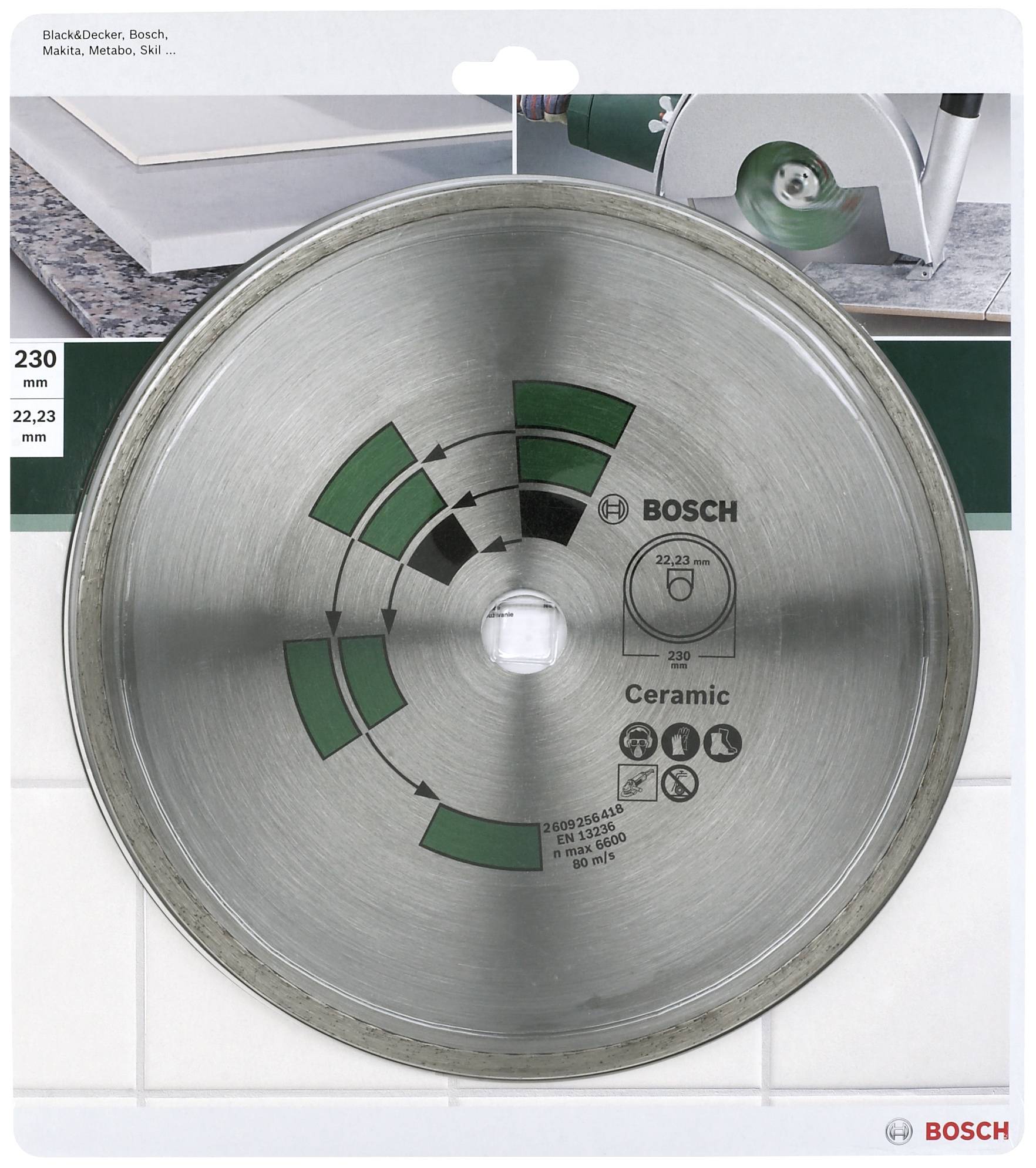 Strieborný rezný kotúč Bosch na keramiku s priemerom 230 mm a otvorom 22,23 mm. Obal zobrazuje použitie na obkladačkách.