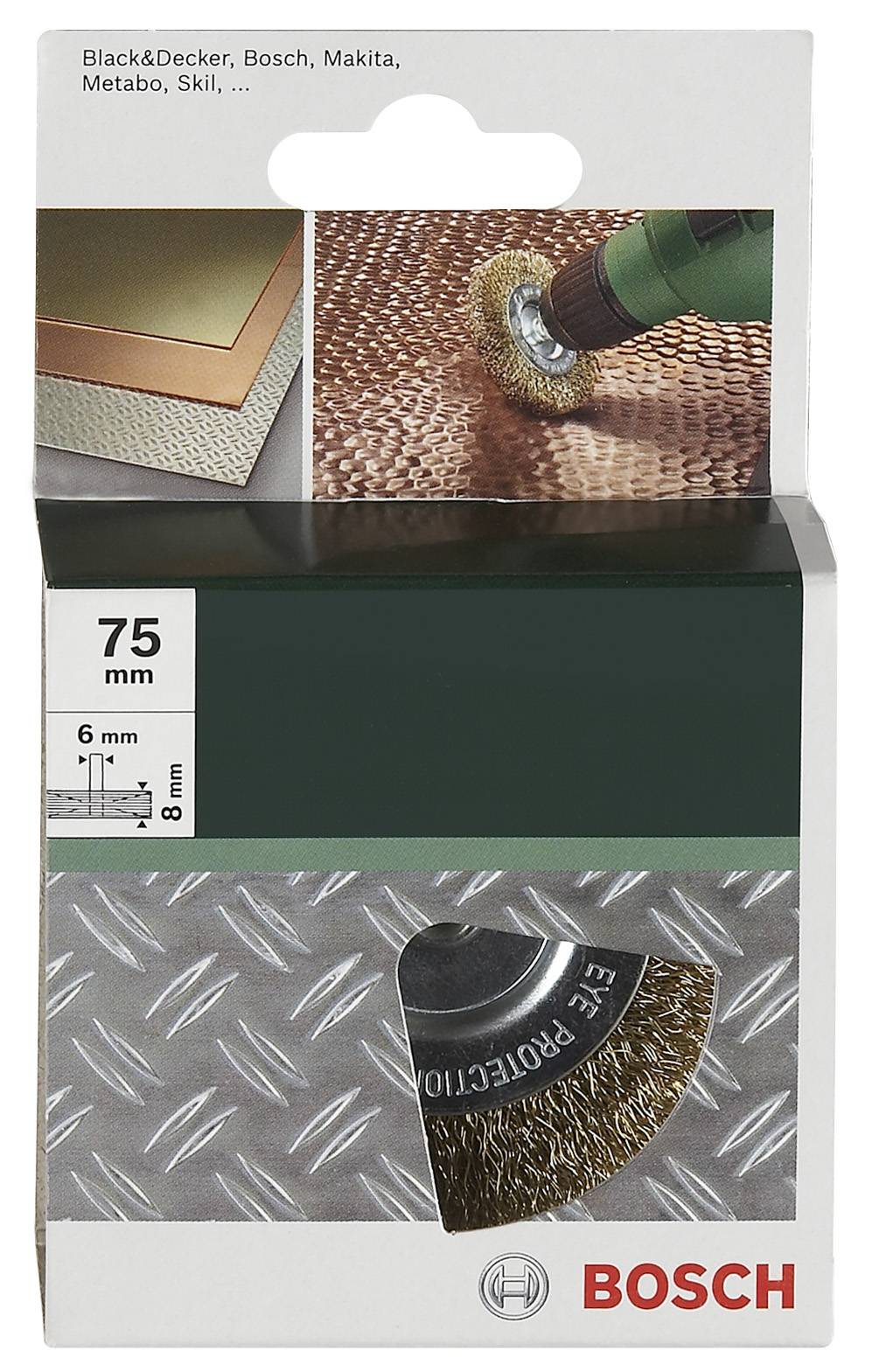 Obal drôtenej kefy 'Bosch', zobrazuje drôtenú kefu v akcii pre kovové povrchy. Kompatibilná s rôznymi vŕtačkami.