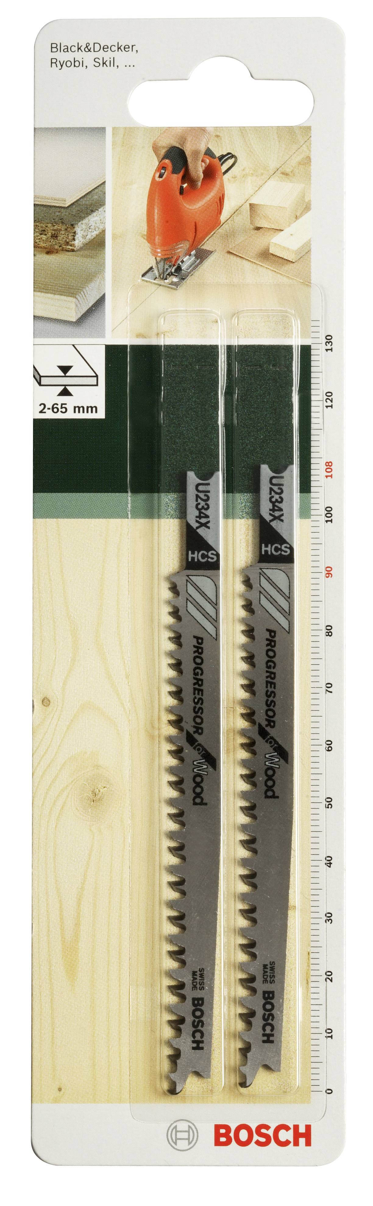 Obal na pílové listy Bosch, dva listy, vhodné na drevo, šírka rezu 2–65 mm, ilustrácia použitia v hornej časti obalu.