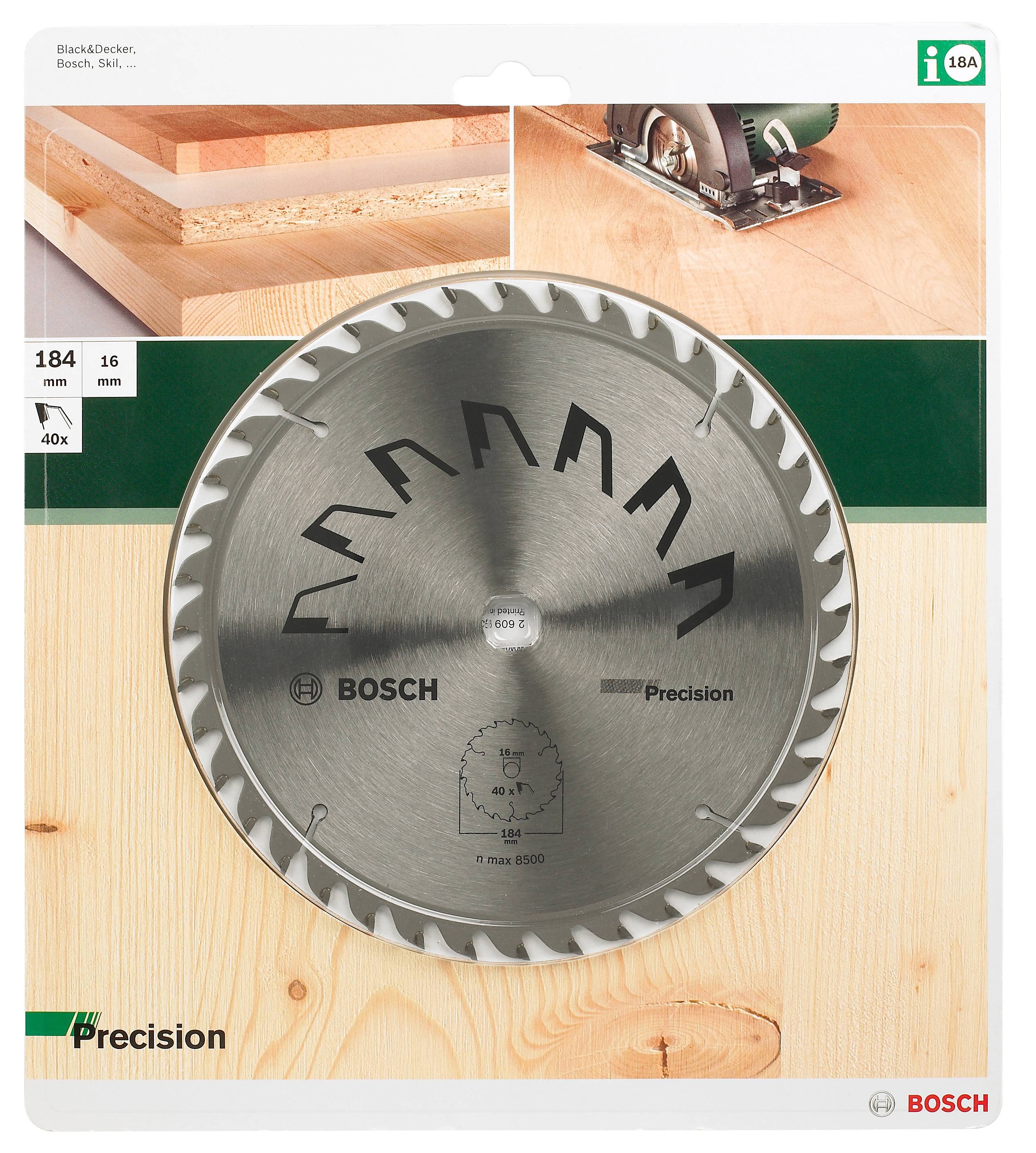 Kotúč pílový s logom Bosch, priemer 184 mm, otvor 16 mm. Vhodný pre presné rezy do dreva. Balenie zobrazuje príklad použitia.