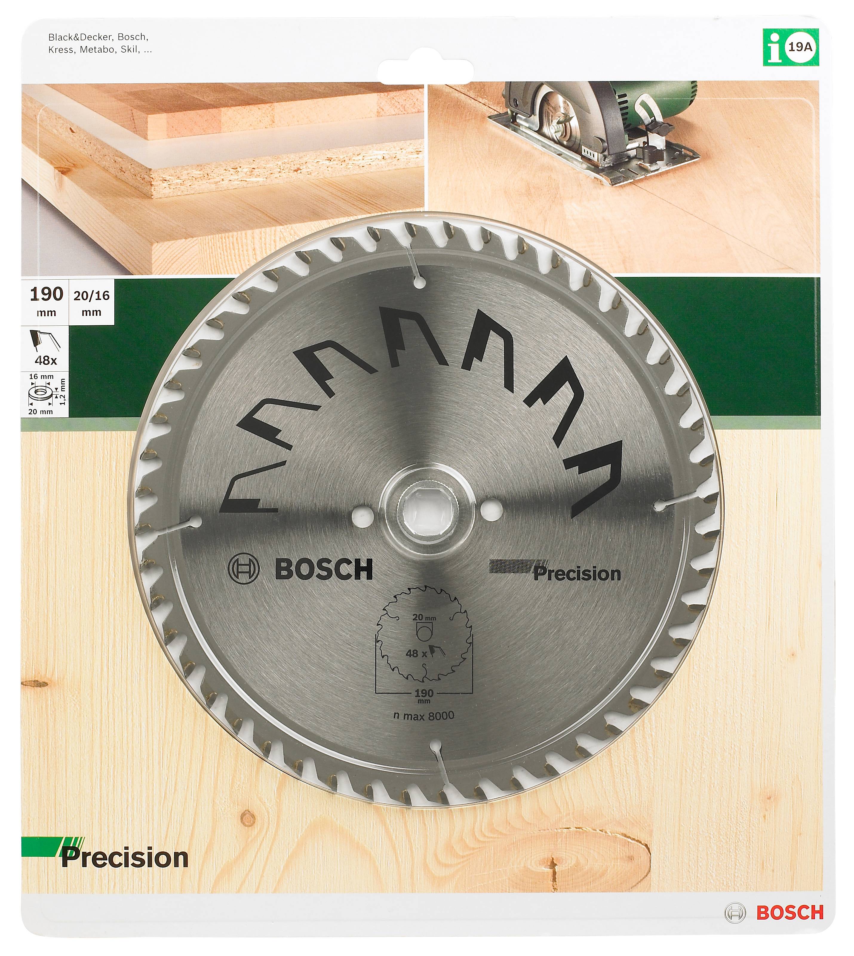 Pílový kotúč značky Bosch 'Precision' s priemerom 190 mm a 48 zubami, vhodný na prácu s drevom.