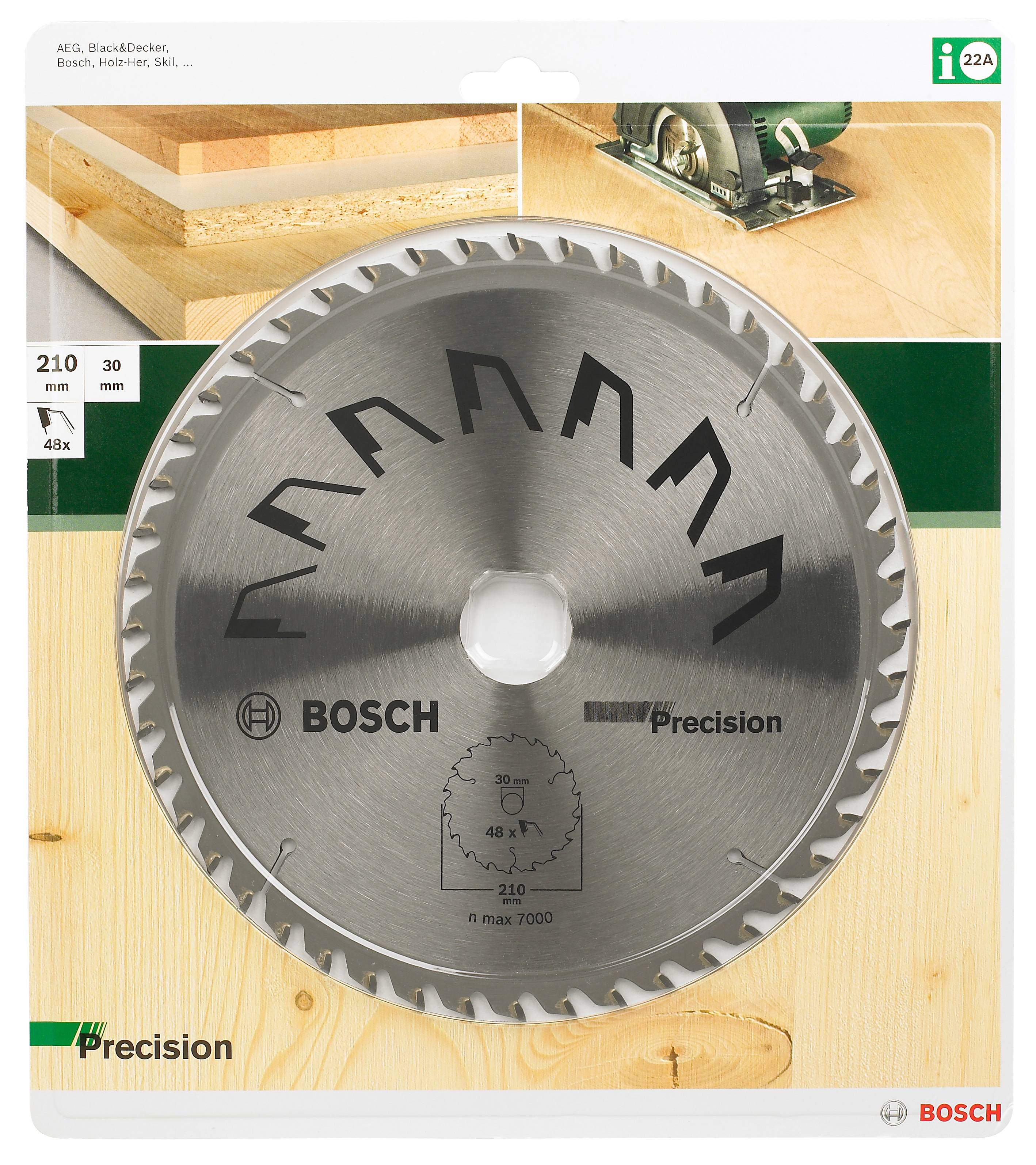 Kotúč pílový 'Bosch' s 48 zubami na rezanie dreva. Vonkajší priemer 210 mm, stredový otvor 30 mm. Obal zobrazuje použitie na drevo.