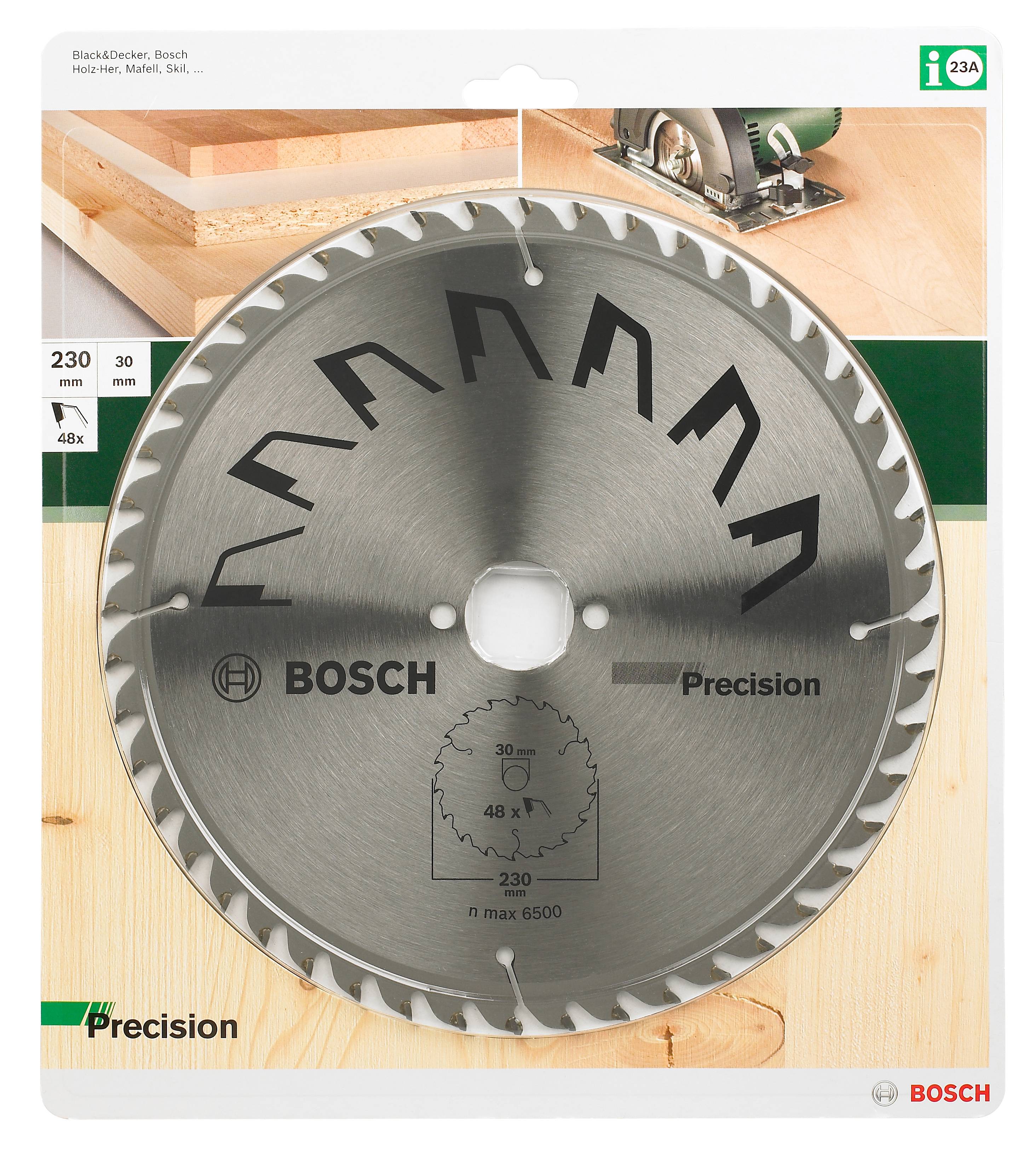 Pílový kotúč Bosch s 48 zubami, priemer 230 mm, max. 6500 ot./min. Obal zobrazuje príklad použitia pri rezaní.