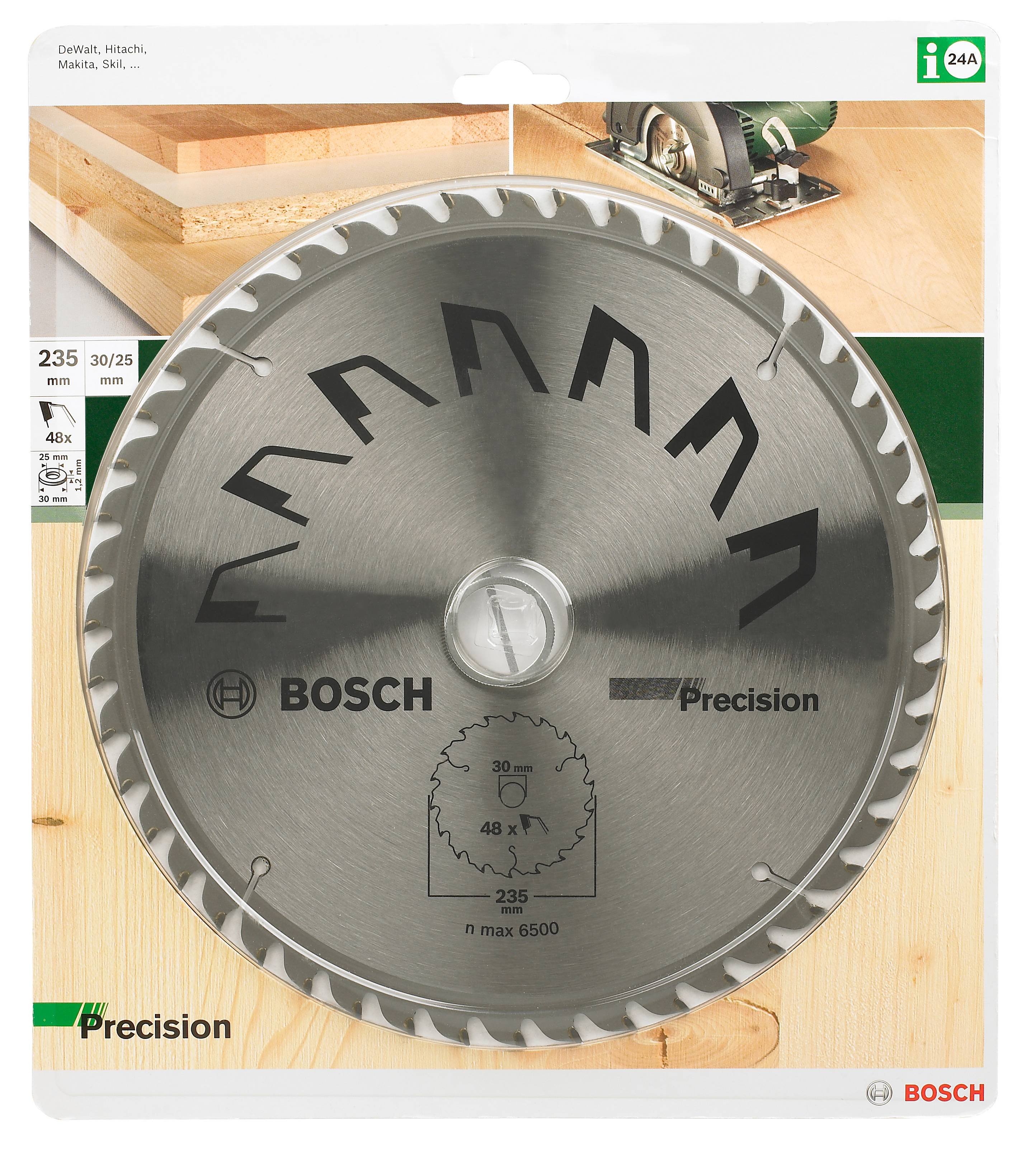 Obal presného pílového kotúča Bosch zobrazuje okrúhly pílový kotúč s 48 zubami, vhodný pre píly s priemerom 235 mm, určený na prácu s drevom.