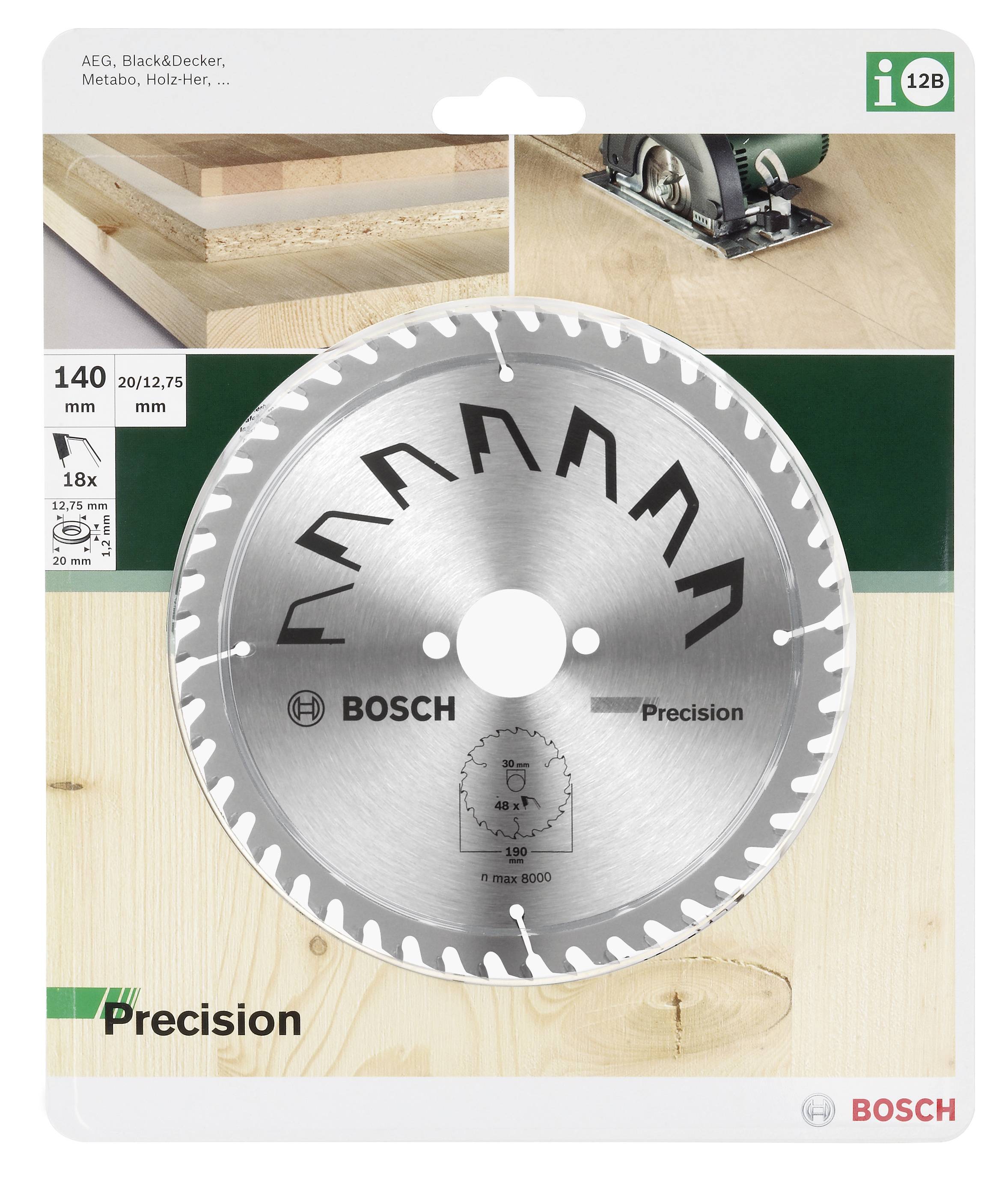 Balenie pre Bosch presné pílové kotúče, priemer 140 mm, kompatibilné s AEG, Black&Decker, Metabo. Obrázok zobrazuje pílový kotúč a drevo.