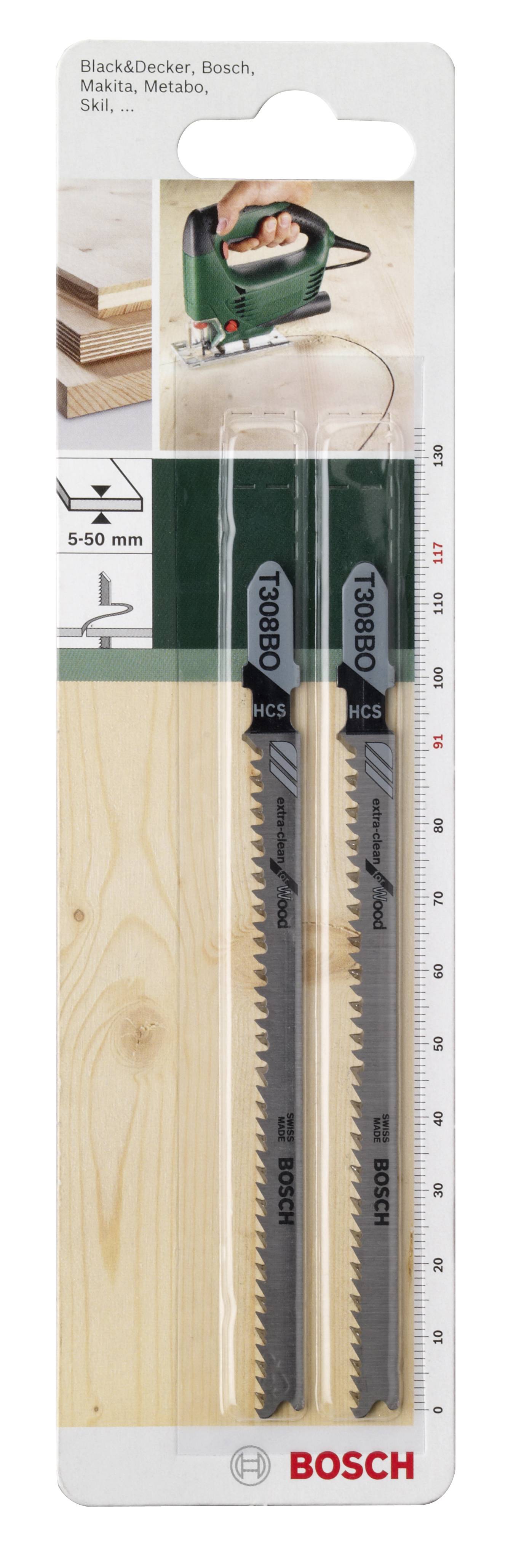 Balenie obsahuje dva pílové listy Bosch pre drevo, vhodné pre materiály hrúbky 5-50 mm, kompatibilné s viacerými značkami ako Black&Decker a Makita.