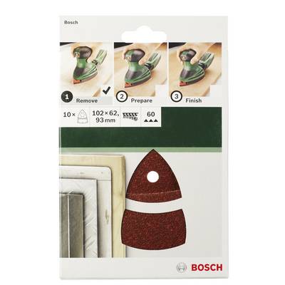 Balenie brúsneho papiera 'Bosch'. Hore tri kroky: 'Odstrániť', 'Pripraviť', 'Dokončiť' s obrázkami. Obsahuje 10 kusov, veľkosť 102x62, zrnitosť 60.