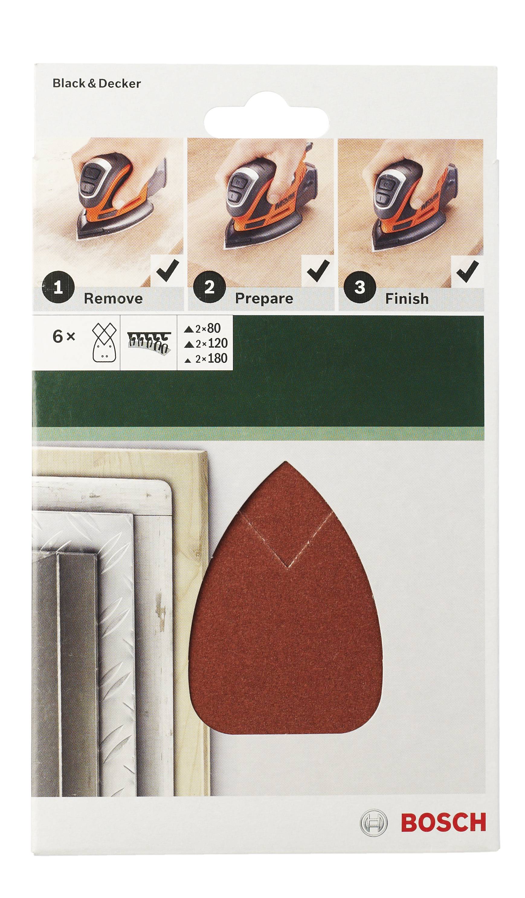 'Bosch sada brúsnych papierov pre delta brúsku, 6 kusov, zrnitosti: 80, 120, 180. Príklady použitia: Odstraňovanie, Príprava, Dokončovanie.'