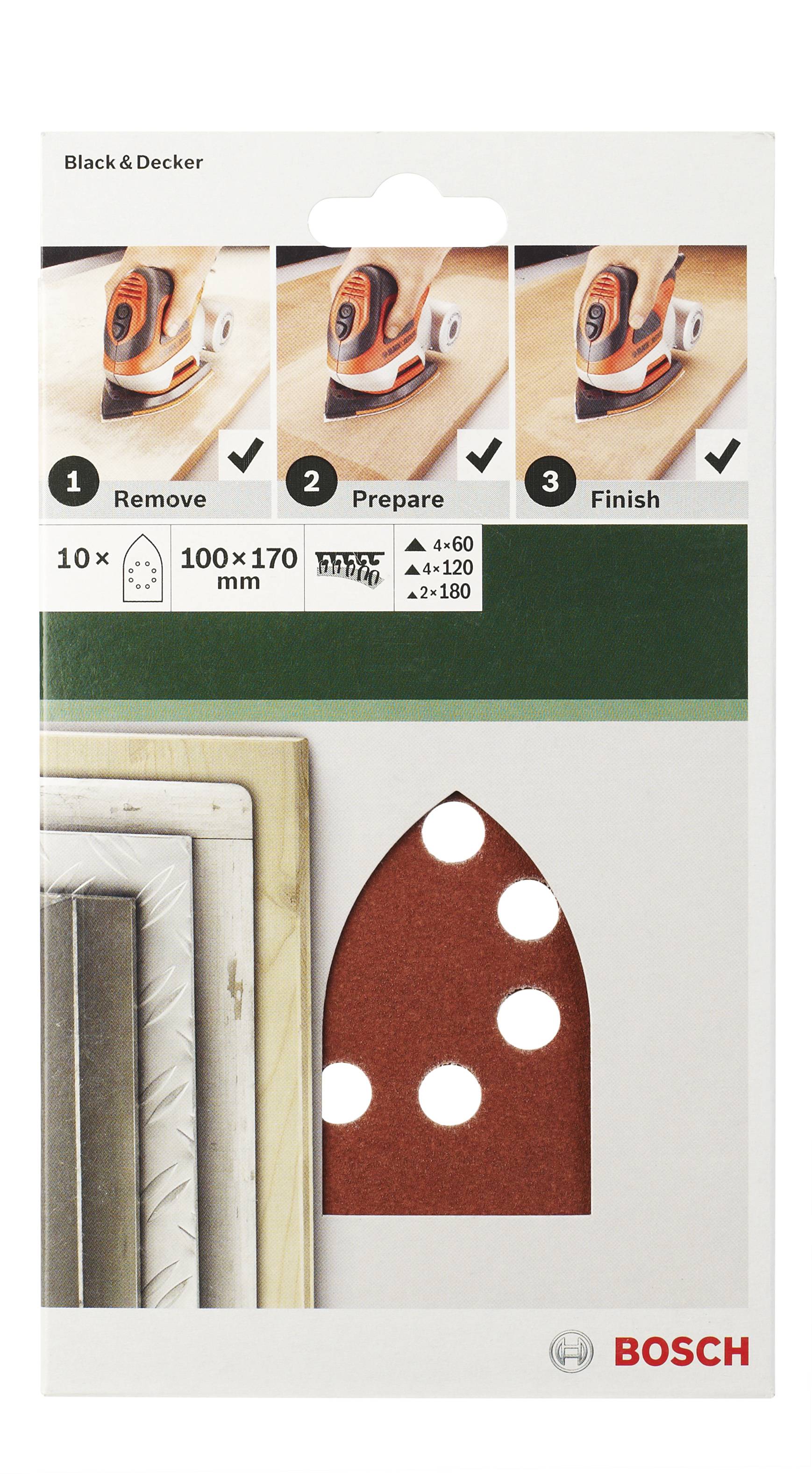 Boschova sada brúsnych listov s 10 listami, vhodná pre delta brúsku. Určená na brúsenie drevených povrchov. Veľkosť: 100 x 170 mm.