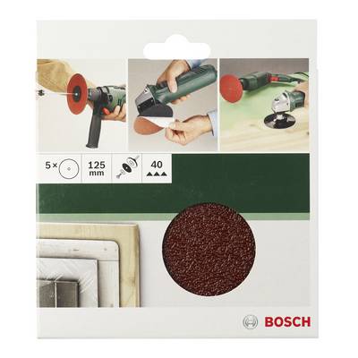 'Bosch sada brúsnych kotúčov, 5 kusov, 125 mm, zrnitosť 40. Balenie s obrázkom uhlová brúska a brúsnej aplikácie.'