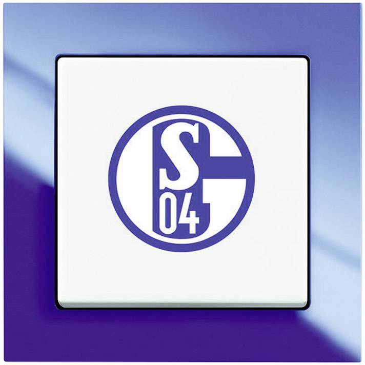 Štvorcový vypínač so svetlomodrým rámikom. Logo futbalového klubu Schalke 04 v strede vypínača.