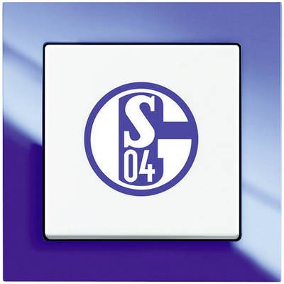 Štvorcový vypínač so svetlomodrým rámikom. Logo futbalového klubu Schalke 04 v strede vypínača.