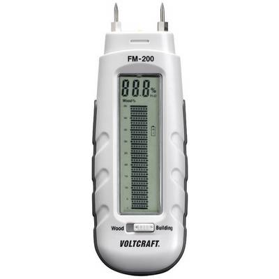 Vlhkomer s digitálnym displejom zobrazuje 88,8% H2O. Použiteľný pre drevo a stavebné materiály, značka Voltcraft, model FM-200.
