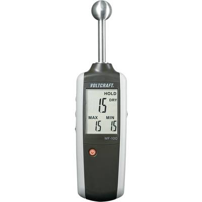 Prístroj na meranie vlhkosti s displejom. Displej ukazuje: 'Max 15', 'Min 15', 'Dry 15'. Hore je umiestnená kovová guľa. Model: Voltcraft MF-100.