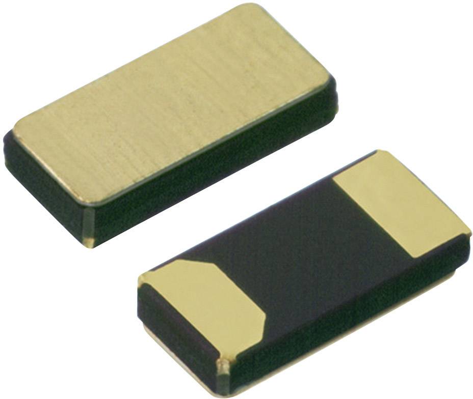 Dva pravouhlé, zlaté elektronické komponenty na svetlom pozadí, pravdepodobne SMD kryštálové rezonátory, určené pre elektronické obvody.