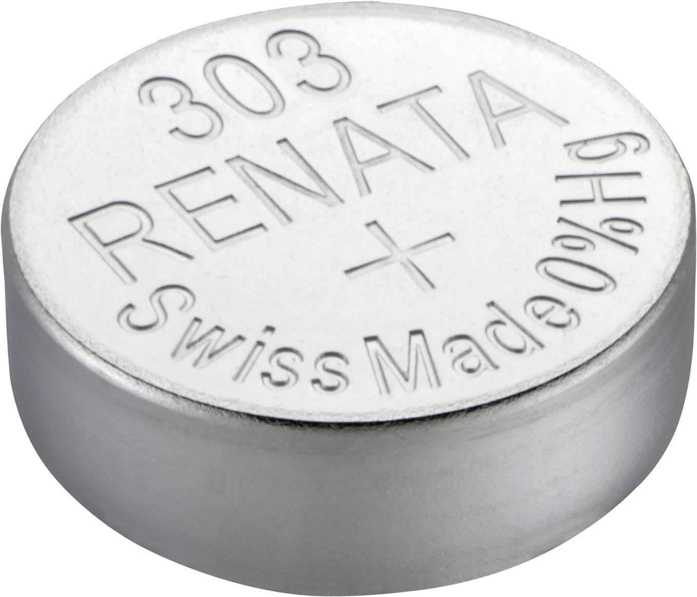 Strieborná gombíková batéria s nápisom '303 RENATA Swiss Made 0% Hg'.