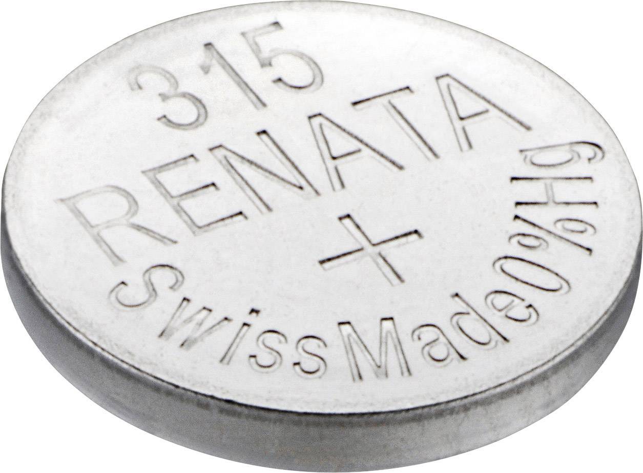 Guľatá strieborná gombíková batéria s nápisom '315 RENATA Swiss Made 0% Hg'.