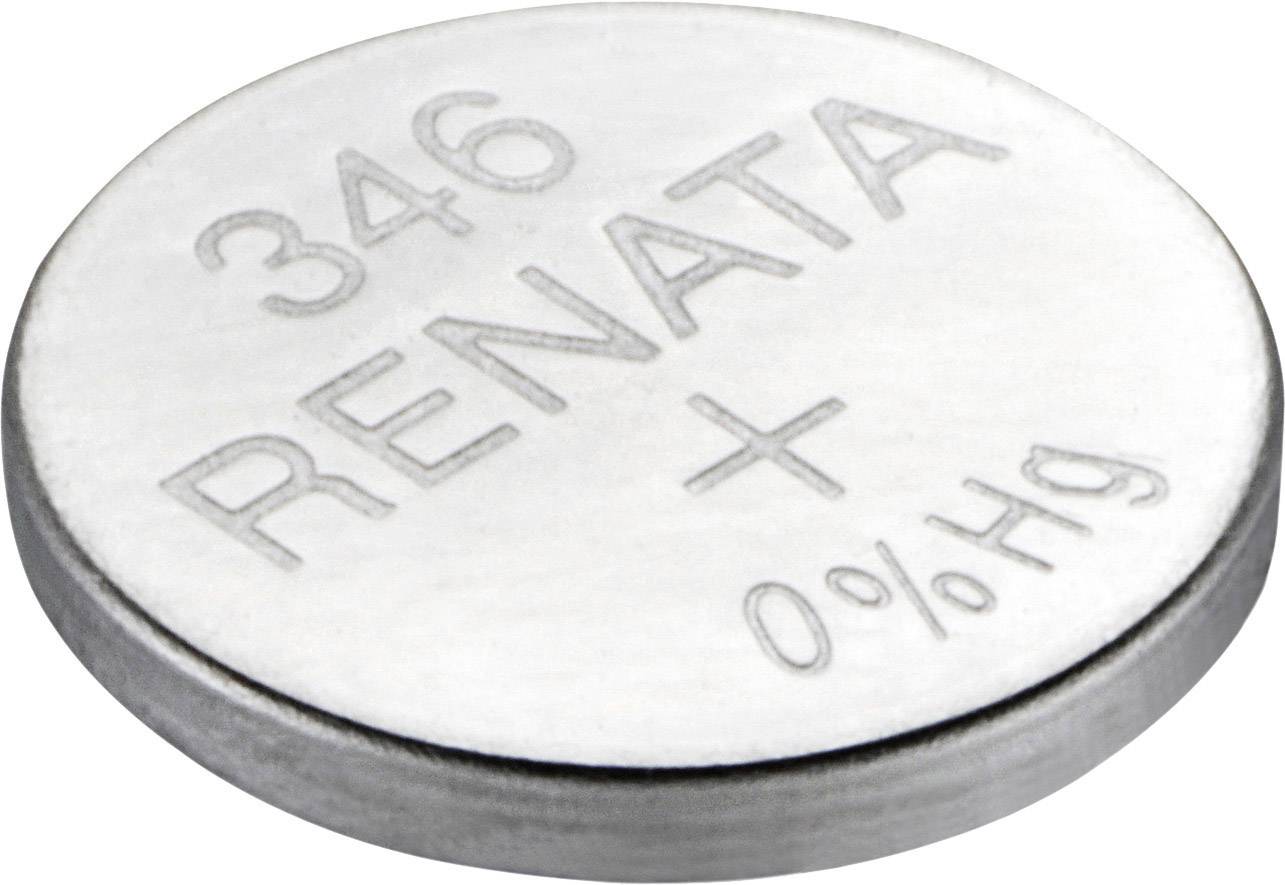 Strieborná gombíková batéria s nápisom '346 RENATA 0% Hg', symbolizujúca napájanie bez obsahu ortuti.