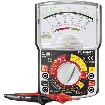 Analógový multimeter značky Voltcraft, model VC-2030 A. Displej zobrazuje odpor a napätie. Meracie vodiče sú umiestnené vpredu.