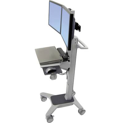 Mobilný počítačový vozík s dvojitým displejom, odkladacou plochou pre laptop a kolieskami. Vyvinutý pre flexibilné pracoviská alebo lekárske aplikácie.