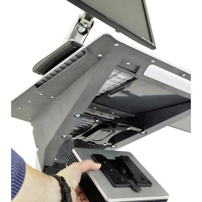 Spodná strana výškovo nastaviteľného stola s integrovanou elektronikou. Jedna osoba drží modul, ktorý slúži na ovládanie.
