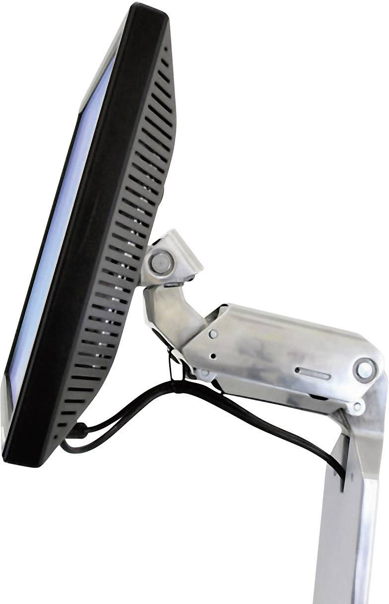 Strieborný, nastaviteľný stojan na monitor s čiernym monitorom v ľavom profile.