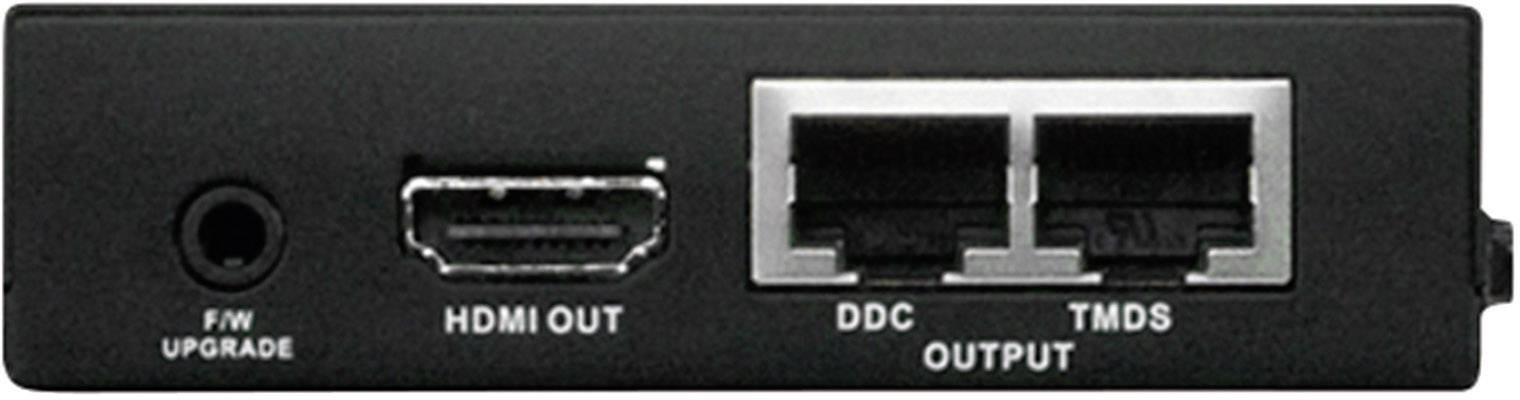 Čierne pripojovacie pole s HDMI výstupom, dvoma ethernetovými portmi pre DDC a TMDS a zásuvkou pre aktualizáciu firmvéru.