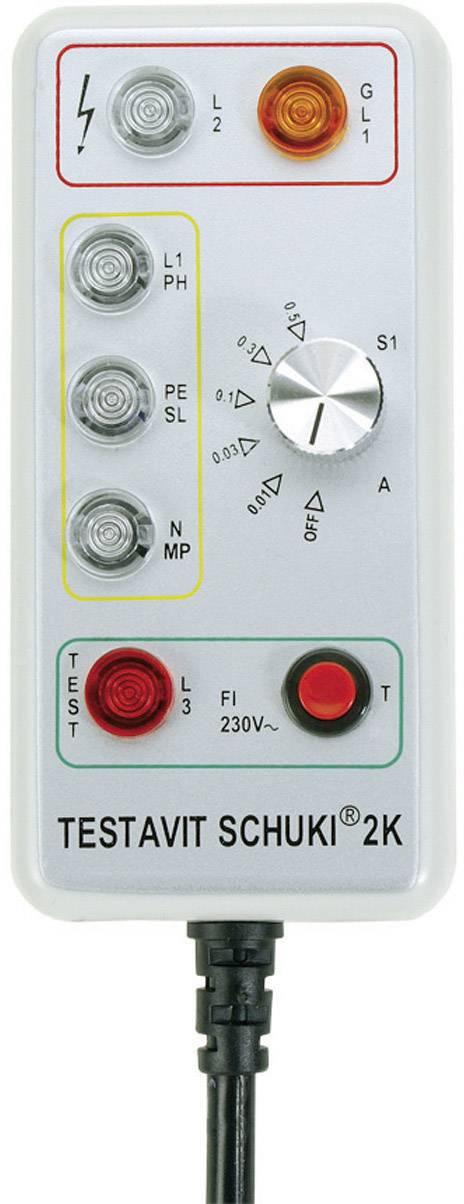 Elektrický tester ukazuje stavové kontrolky pre napätie, fázu, uzemnenie a neutrálny vodič s otočným prepínačom na nastavenie spôsobu merania.