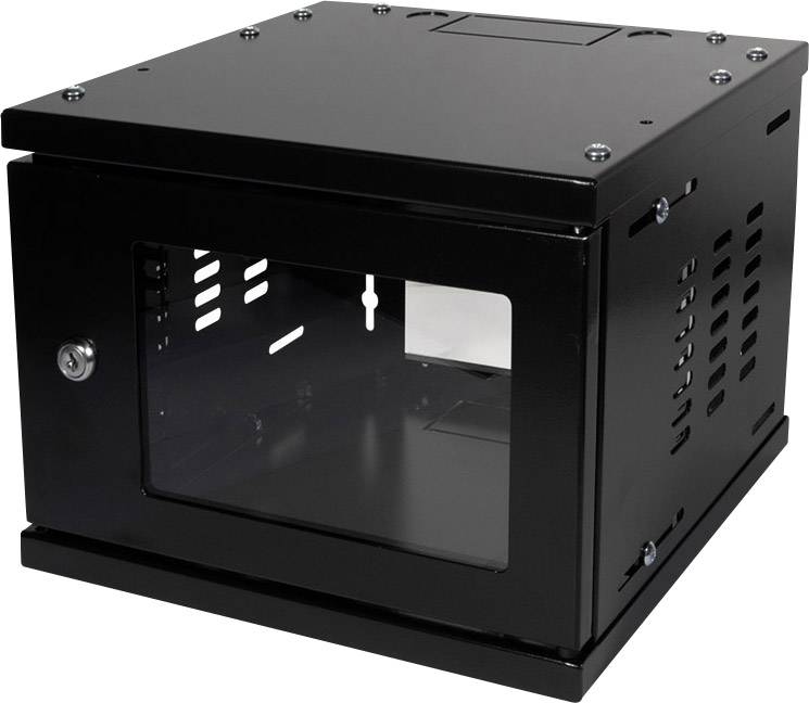 Čierna 19-palcová racková skříň so skleným dverami a vetracími otvormi, vhodná na montáž na stenu v serverovniach.