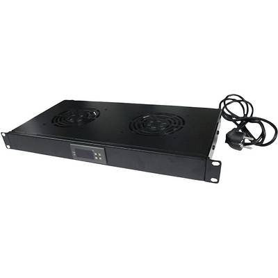 Čierny 19-palcový rack chladiaci ventilátor s dvoma ventilátormi a digitálnym displejom, pripojený k napájaciemu káblu so zástrčkou.