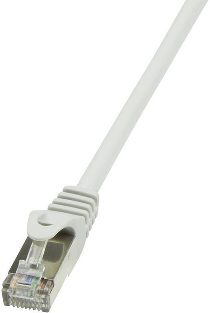 Sivý ethernetový kábel s konektorom RJ45 na konci.