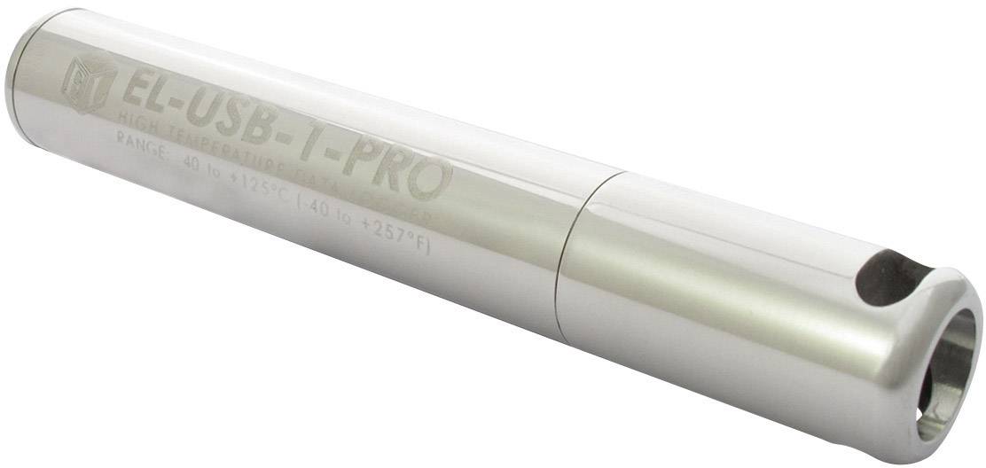 Strieborný cylindrický teplotný záznamník s nápisom 'EL-USB-T-PRO', zobrazujúci rozsah merania a sériové číslo na boku.