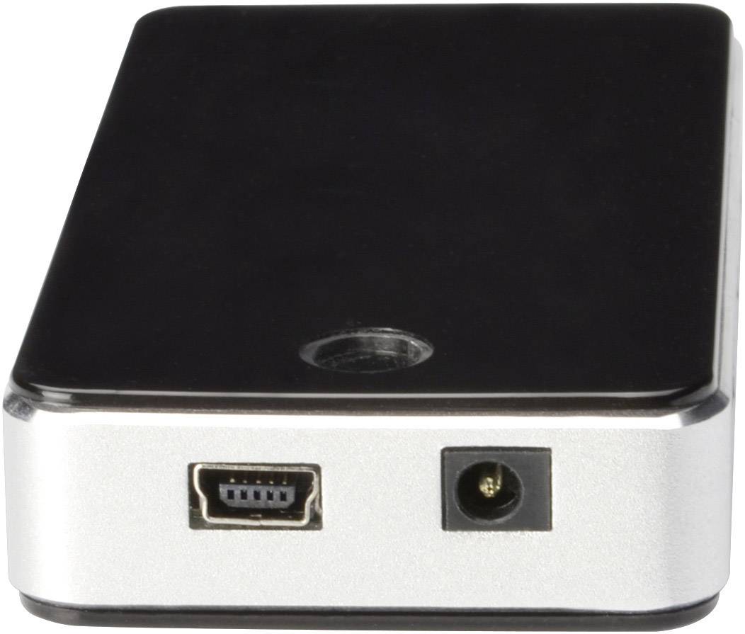 Strieborné a čierne elektronické zariadenie s mini-USB portom a kruhovým konektorom na prednej strane.