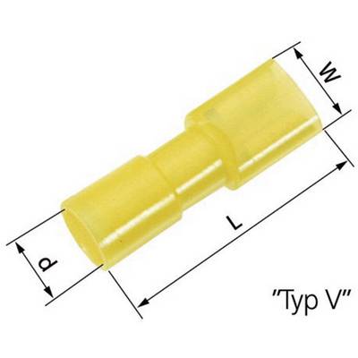 Žlté elektrické púzdro konektora, typ V, s uvedenými rozmermi: dĺžka (L), šírka (W) a priemer (d).
