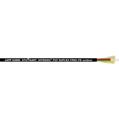 Čierny kábel s nápisom 'LAPP KABEL STUTTGART HITRONIC® POF DUPLEX FRNC/PE outdoor', viditeľné červené a zelené žily.