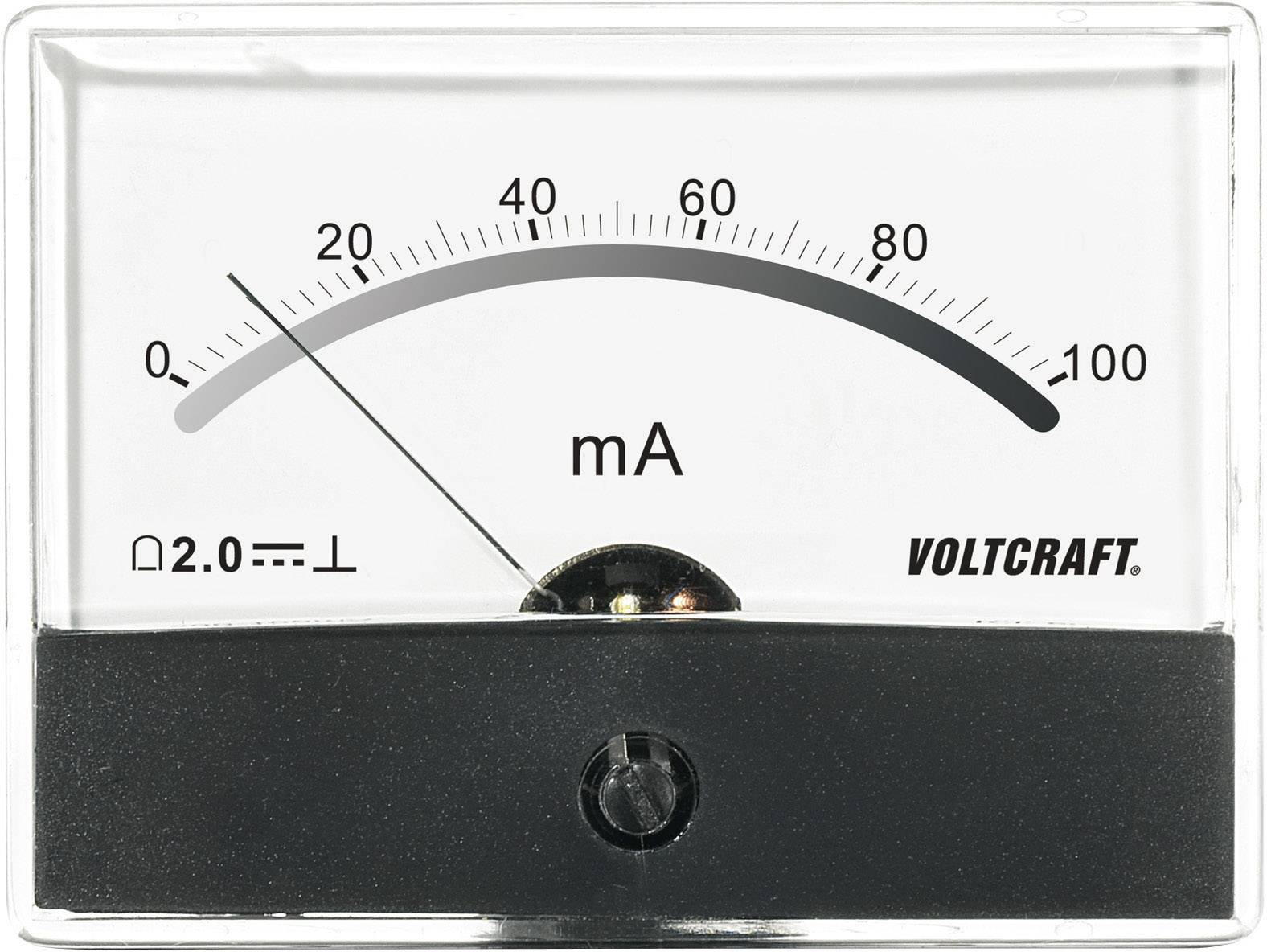 Analógový ampérmeter ukazuje 20 mA; stupnica od 0 do 100 mA. Značka: VOLTCRAFT.