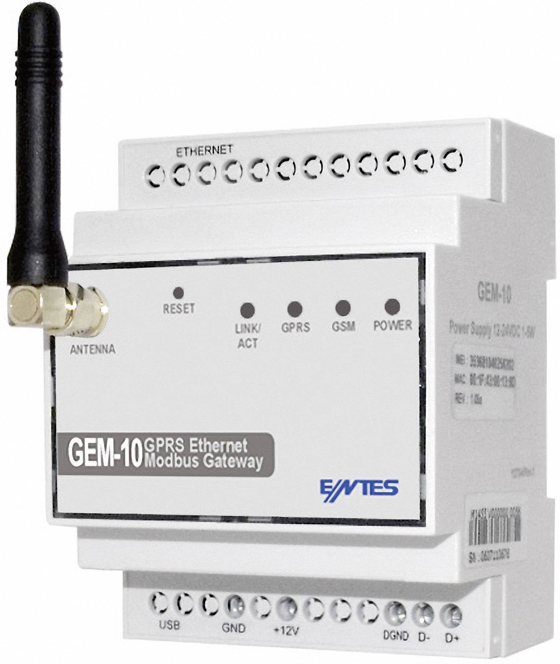 Biely GPRS Ethernet Modbus gateway s nápisom 'GEM-10' a anténou. Má niekoľko kontrolných svetiel a konektorov.
