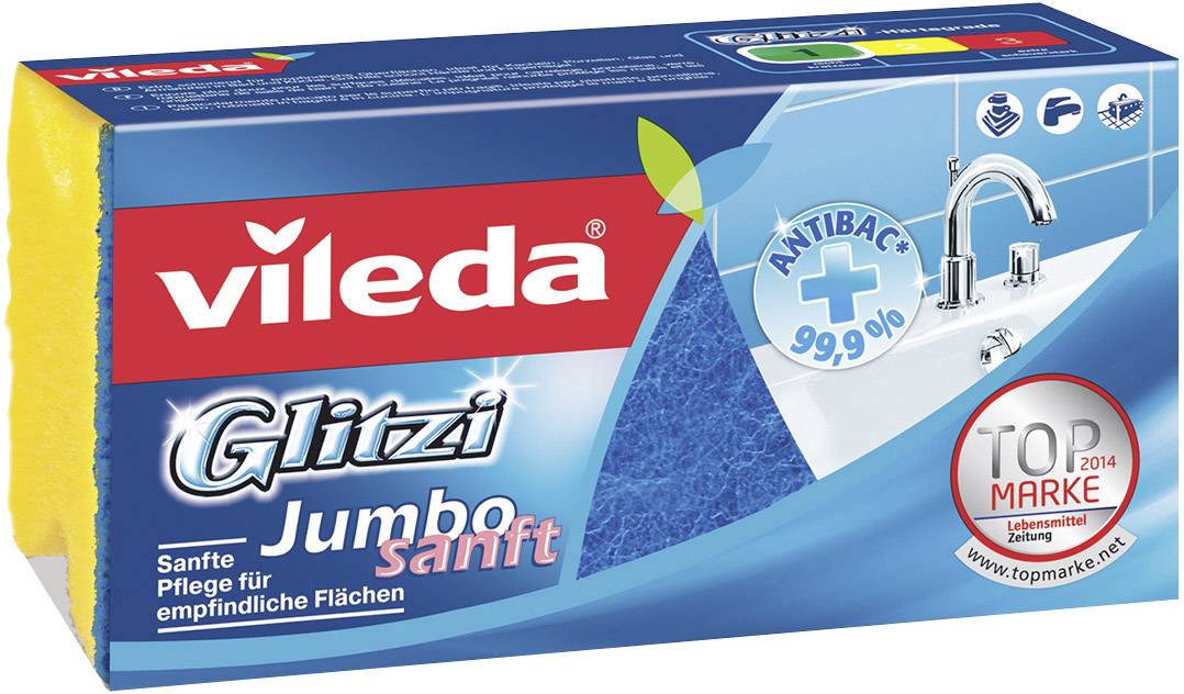 Hubka Vileda Glitzi Jumbo jemná v modrom balení, propagovaná ako 'jemná starostlivosť pre citlivé povrchy' s antibakteriálnymi vlastnosťami.