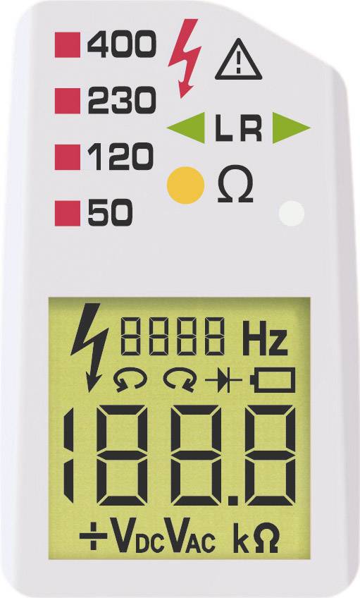 Elektronický merací prístroj zobrazuje vstupné napätia 400 V, 230 V, 120 V, 50 V, ako aj symboly pre Hz, Ω, DC a AC.