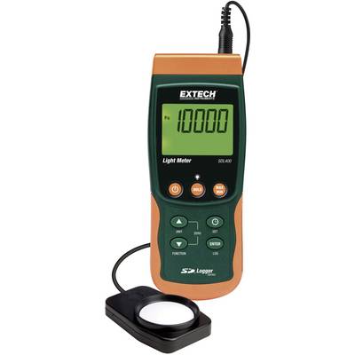Digitálny luxmeter s veľkým displejom zobrazuje nameranú hodnotu '10000'. Zariadenie má oranžovo-zelený kryt s tlačidlami a externým senzorom.