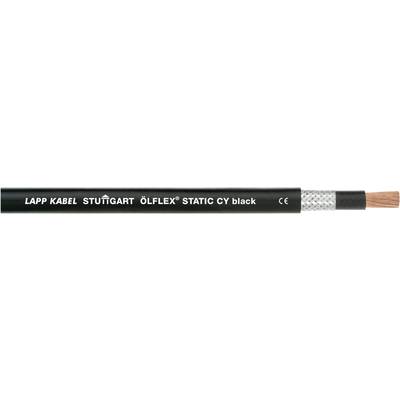 Čierny kábel s nápisom 'LAPP KABEL STUTTGART ÖLFLEX STATIC CY black' a úsekom s odhaleným medeným vodičom.
