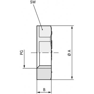 Technický výkres valcového objektu so značkami: 'SW', 'PG', 'B', 'Ø A'. Zobrazuje rozmery a závitové oblasti.