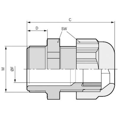 Technický výkres hydraulickej spojky; súčasti sú označené rozmermi C, D, M a ØF ako aj SW.
