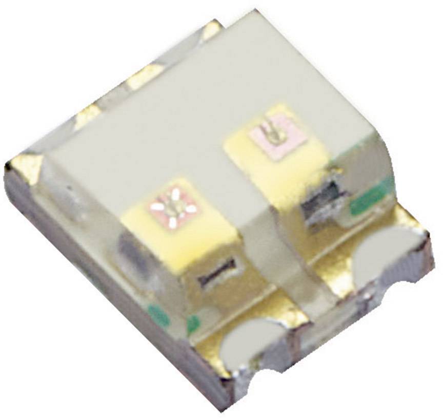 Miniaturizovaná elektronická súčiastka, pravdepodobne SMD LED, na bielom pozadí, zobrazujúca zlaté a strieborné kontakty.